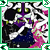 Pixelated character with green eyes and purple hair, wearing a dark blue outfit against a black-and-white striped background.