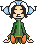 Pixel art character with blue-and-white headpiece, green tunic, orange pants in seated pose showing two facial expressions.