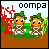 Animated pixel art of two cartoon characters with green hair and brown outfits, set against a red-and-green background with text changing across frames.
