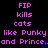 Pixelated text in bright pink on black background reads 'FIP kills cats like Punky and Prince' with blue heart symbols replacing the letter O in 'Prince'.