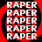 Four identical circular red and black spiral patterns with repeated white text "RAPER" arranged in a on a solid black background