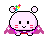 Pixel art character with pink body, white ears, and rainbow flower on head in six poses showing facial expressions, clothing details, and orientation changes.