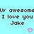 Pixelated text on light blue background with pink heart symbols, displaying repeated phrases and a name.