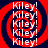 Red and dark blue spiral pattern with repeated white text "Kiley!" in a of four identical