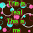 Pixelated text and colorful circles on dark brown background with red, green, blue lettering; right side shows white background with pink, purple, green circles.