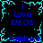 Pixelated blue text on black background with cyan lightning-like border, repeating 'Love EMOS' and '-Rainbow' in four quadrants.