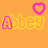 Animated orange background with yellow-outlined pink text 'Abbey' and floating pink hearts, showing letter changes in the name.