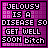 Pixelated text on a purple patterned background with black and white lettering, displaying a message about jealousy.
