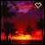 Pixelated sunset scene with purple-pink sky, dark silhouetted trees, and orange-yellow horizon glow, featuring a yellow heart symbol in the upper right corner.