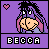 Pixel art of Eeyore with changing mouth expressions and alternating 'BECCA' text colors on purple background, each frame featuring a pink heart in top-left corner.