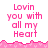Pixelated pink text reading "Lovin you with all my Heart" on white background, bordered by pink pixel-art wave pattern.