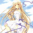 Anime-style character with long flowing blonde hair and a white dress with purple accents stands against a blue sky with white clouds.