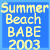 Pixelated animated icon of a blonde woman in blue bikini, cycling through poses with text 'Summer Beach BABE 2003' on blue background.