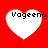 Four white heart shapes on a red background, each containing the text 'Vageena' in black pixelated font.