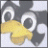 Pixelated cartoon penguin with gray body, white face and chest, large round eyes, yellow beak, on light background.