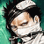 Pixelated close-up of a character's face with dark hair and closed eyes against a teal background, rendered in low-resolution 256x256 pixels.