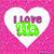Pink pixelated background with three white heart shapes containing purple text and green overlays with partial text.