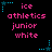 Pixelated text displays 'ice athletics junior white' in pink with blue star corner elements on black background.
