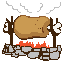 Pixel art animation of a roasted meat on a spit over fire, showing four sequential frames with bite marks and smoke changes.