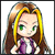 Pixelated character with long brown hair, green eyes, and a purple tie over a white shirt, set against a plain background.