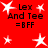 Red background with white star shapes and black text reading "Lex And Tee =BFF" in multiple positions.