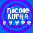 Blue background with purple concentric circles, white text 'nicole Burke', and six small heart icons below the text.
