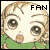 Pixelated character face with large eyes, brown hair, green clothing, and black text reading FAN in the top-right corner.