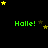 Green text 'Halle!' appears multiple times on a black background with yellow and brown stars scattered throughout.