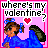 Pixel art icon with pink background showing a character in blue clothing holding a dark object, text reading "where's my valentine?" above and red heart symbol.