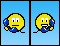Yellow circular face with blue hands holding a phone, alternating between closed mouth and open mouth expressions on light blue background.