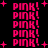 Pixelated pink text reading 'PINK!' repeated in vertical with small plus signs scattered across a black background