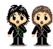 Pixel art character in black suit with green chest emblem, brown curly hair, and open mouth, shown in multiple poses with Japanese hiragana text above each pair.