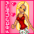 Pixelated image of a blonde woman in red top and white shorts with green accents, standing against pink background with hearts and vertical 'FEBRUARY' text.