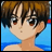 Pixelated anime-style character icon with blue background and silver text on black, featuring a male figure with brown hair and glasses.