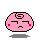 Pixelated pink circular character with black spiral on top, red cheeks, and downturned mouth in four positions