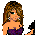 Pixel art contact sheet showing a female character in various poses with text elements on purple backgrounds.