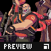 Pixel art character with bald head, gray beard, and blue eyes holding a large weapon in front of other figures.