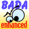 Blue 'BADA BADA' text spans top, red 'enhanced' text spans bottom, with a repeating cartoon eye on a yellow gradient background
