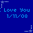 Blue background with repeated light blue text 'Love You : Love You : Love You' and dates '1/11/08', surrounded by white star icons in various states of animation.
