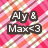 Pixelated text 'Aly & Max' in white with dark brown outlines on a multicolored pixelated background of pink, red, orange, green, and white.