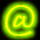 Two animated frames of a yellow @ symbol icon with green glow on black background, left frame showing full spiral glow, right frame showing solid outline without glow.
