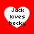 Four white heart shapes on a red background, each containing the text "Jack loves becky" in black pixelated font.