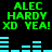 Green text 'ALEC HARDY XD YEA!' on black background with cyan bar graphs, repeated in two