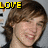 four identical images showing a person with brown hair and light skin smiling, each with the word 'LOVE' in different colors above