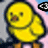 Yellow chick with brown beak and feet, standing against pink and gray background; black-and-white triangular symbol appears in top-right corner of first frame.