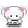 Pixelated white character with pink bows on ears, black eyes, and red accents in various poses including hands at sides, raised hands, and clasped hands.