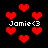 Pixelated red hearts float against a black background with repeated white text 'Jamie<3' in four locations.