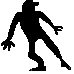Pixelated black silhouette of a skater with bent knees and outstretched arms, red accents on feet, white dotted outline version above, gray rectangle below.