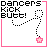 Pixel art icon with pink border, black text reading "Dancers Kick Butt!", and a dotted line leading to a pink cross symbol.
