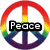 Three rainbow-colored peace symbols with text overlays: Peace, Love, and Happiness, each in a separate circular frame.